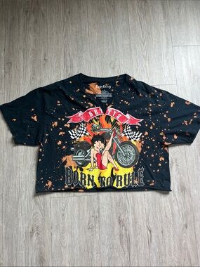 Betty Boop Born To Rule Bleach Splatter Cropped Graphic Tee Size L Biker Y2K
